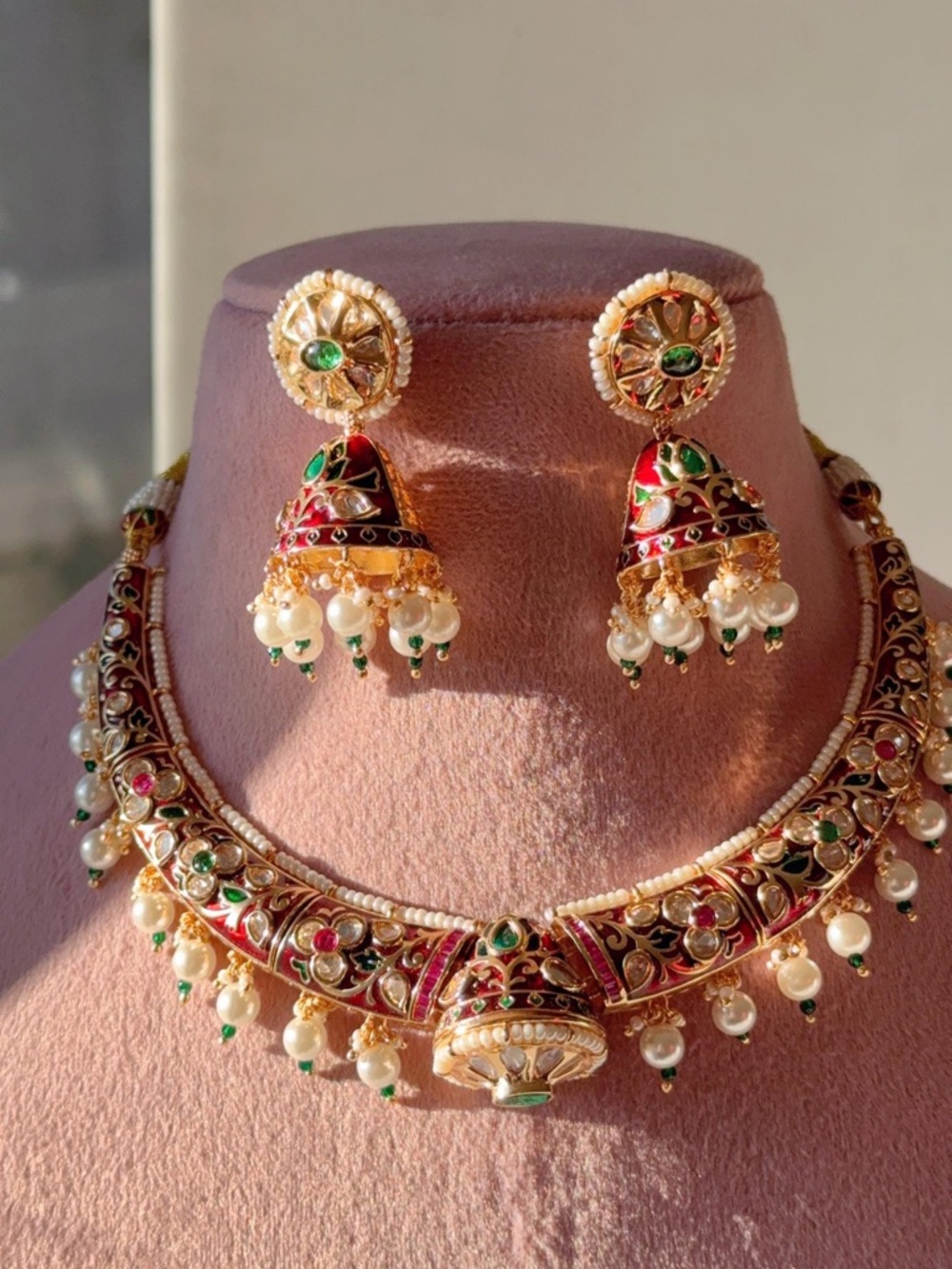 Traditional Gold-Tone Red & Green Jhumka Necklace Set with Pearls